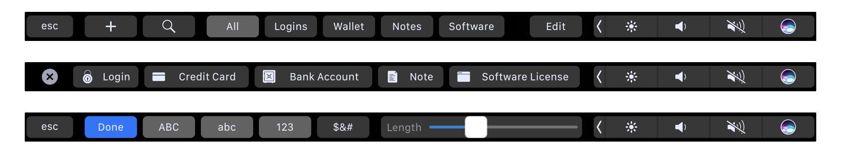 Example Touchbars presented in Secrets