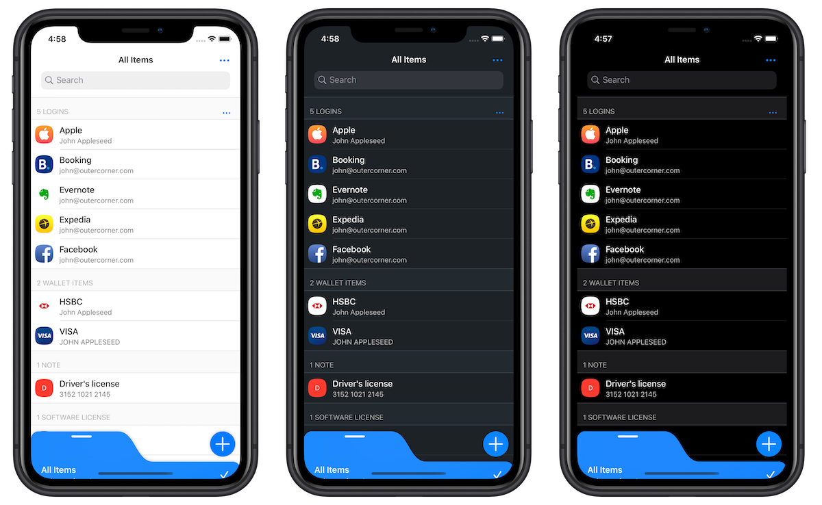 The *Light*, *Dark* and *Black* themes on Secrets for iOS