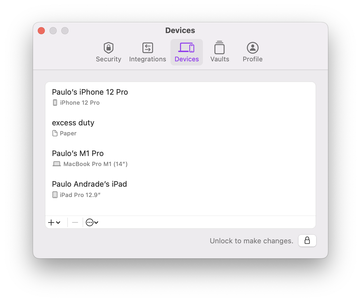 Example 'Devices' tab in Secrets's settings for macOS.